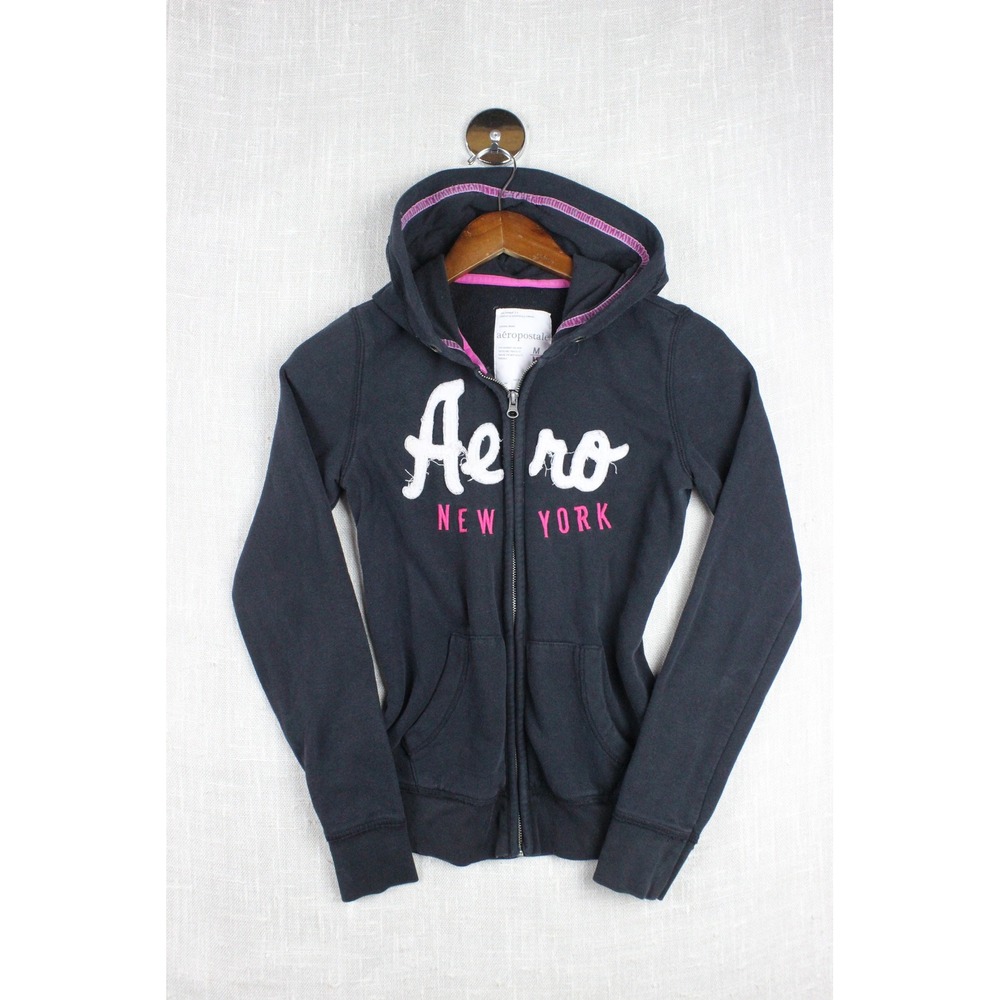 Y2K Aeropostale Womens Full Zip Hoodie Black Aero New York Graphic Sweatshirt M